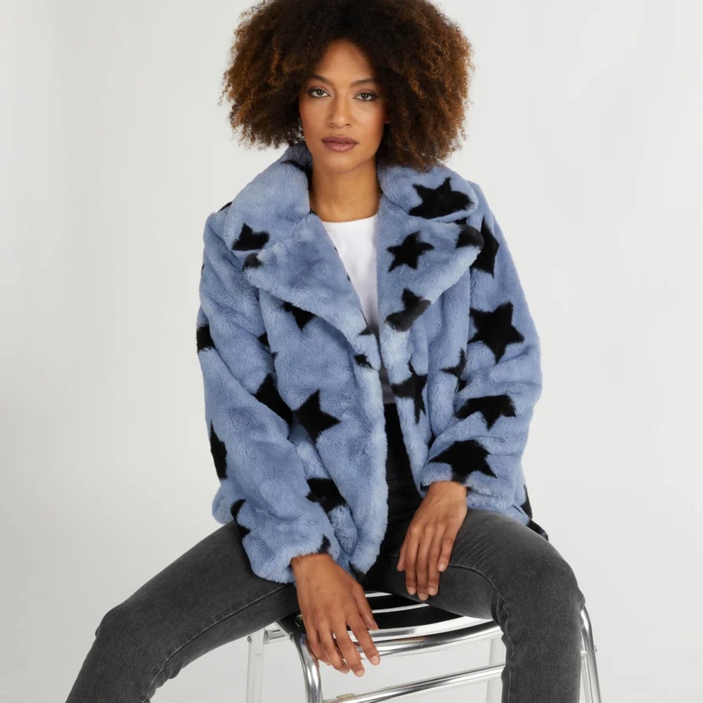 NVLT Star Print Faux Fur Jacket ✨ Blue Size Small - Picture 13 of 13
